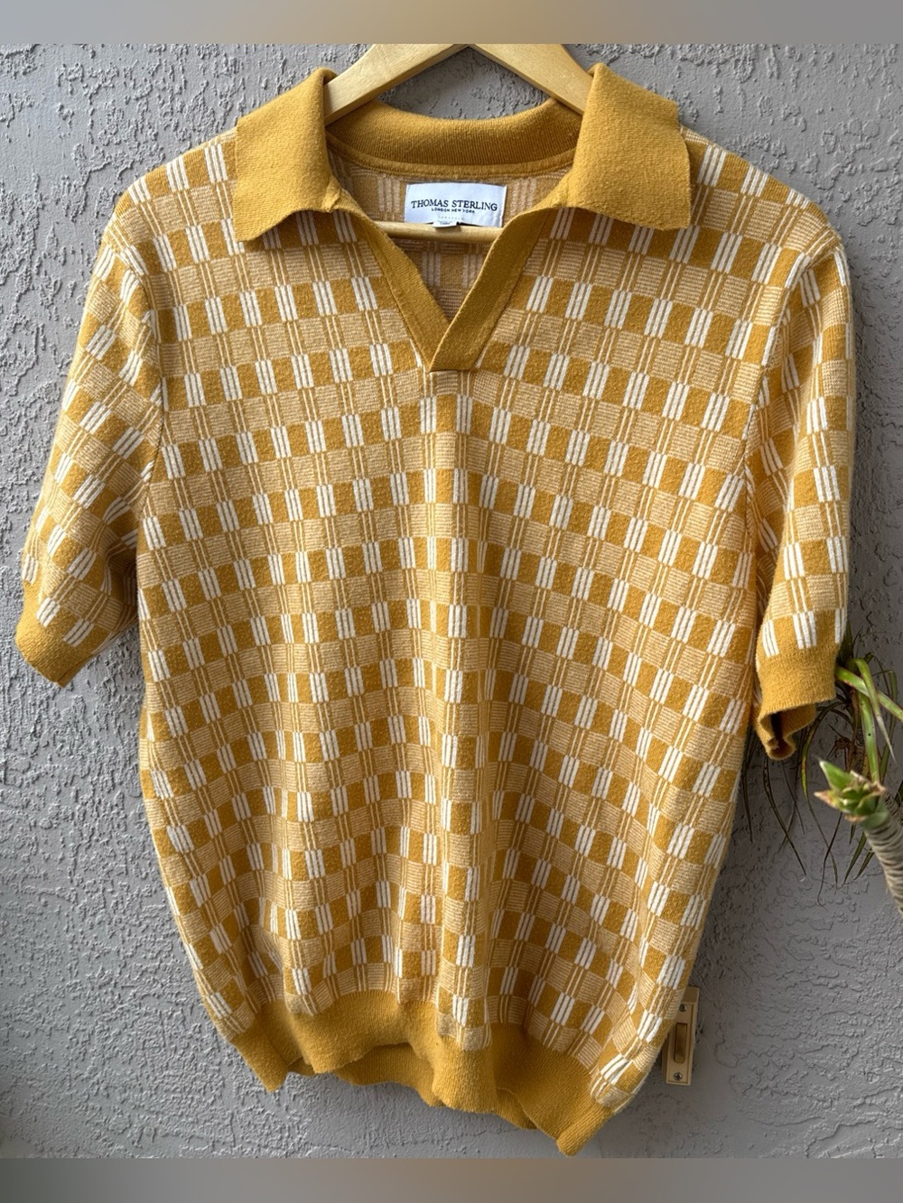 Thomas Sterling yellow & white checkered polo shirt